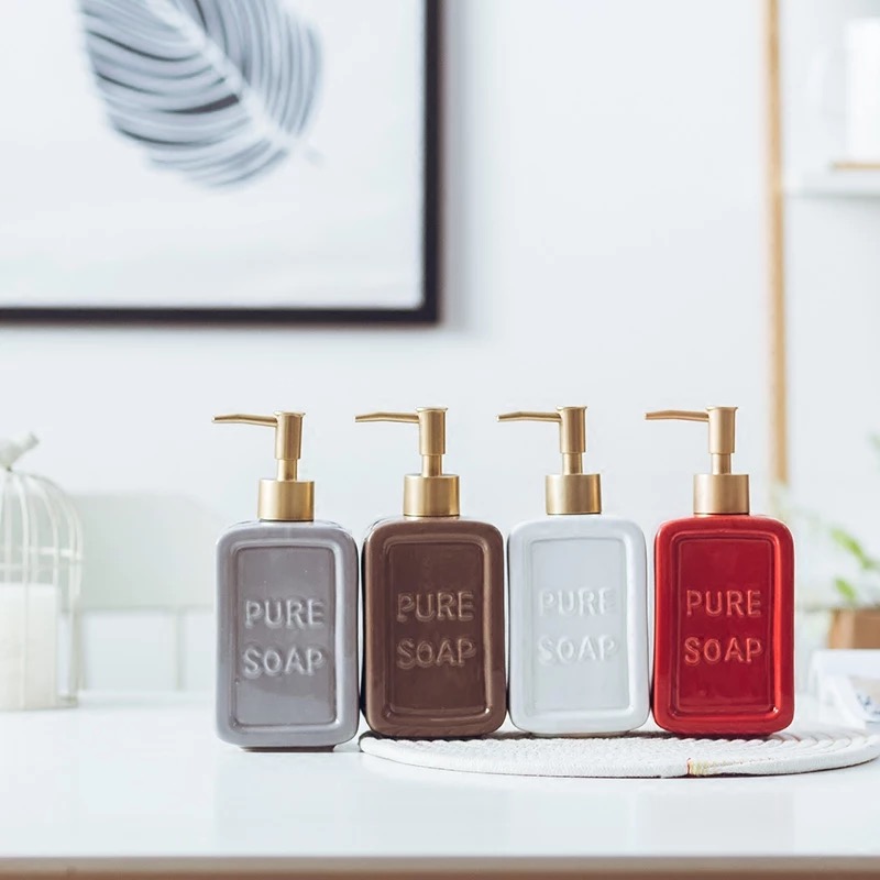 Bình đựng xà phòng, nước rửa tay bằng gốm sứ in chữ nổi Pure Soap