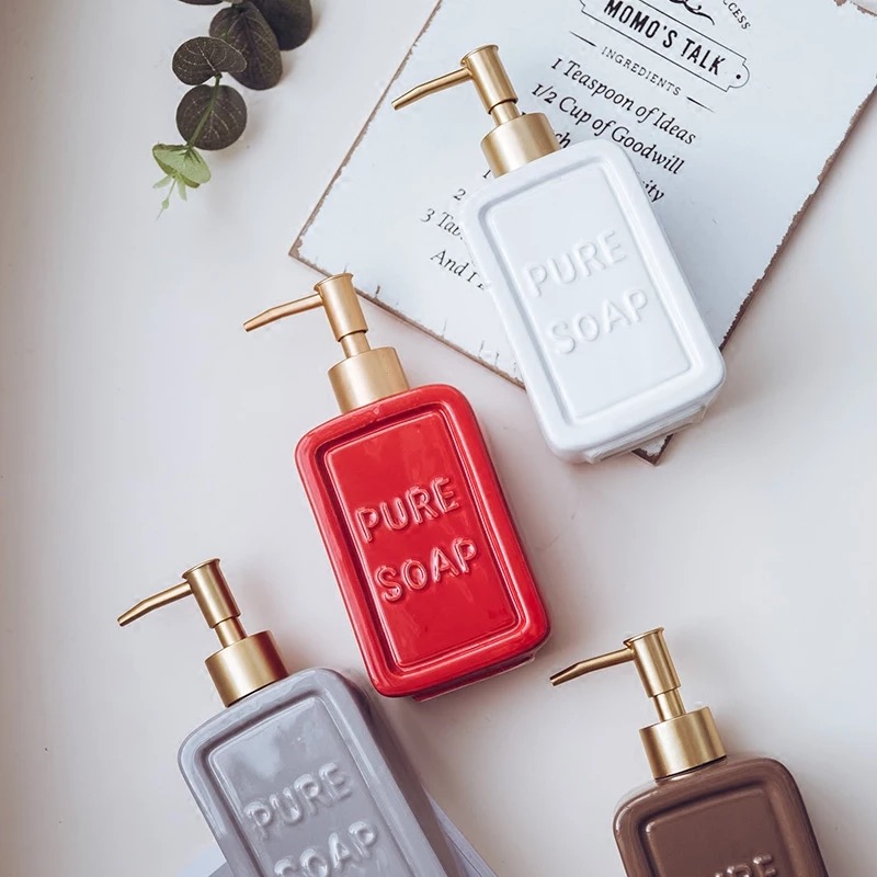Bình đựng xà phòng, nước rửa tay bằng gốm sứ in chữ nổi Pure Soap