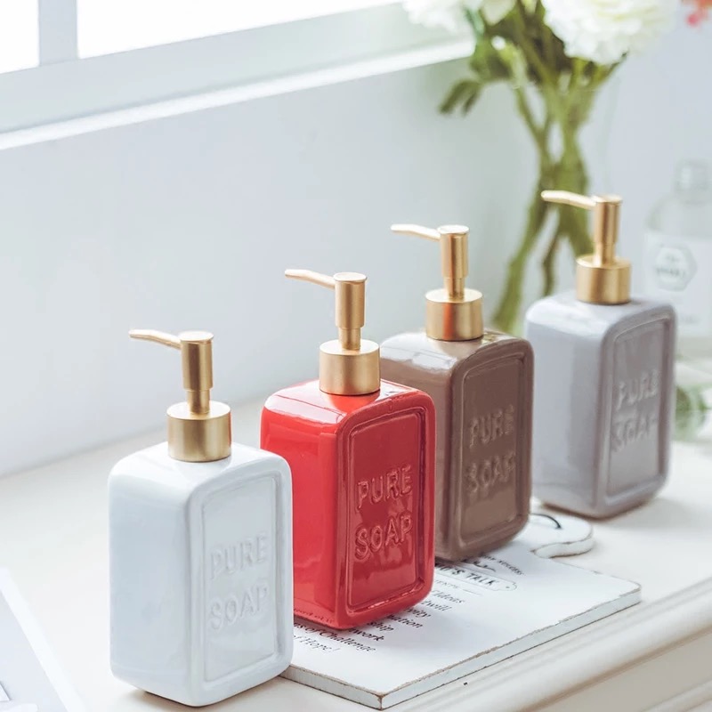 Bình đựng xà phòng, nước rửa tay bằng gốm sứ in chữ nổi Pure Soap