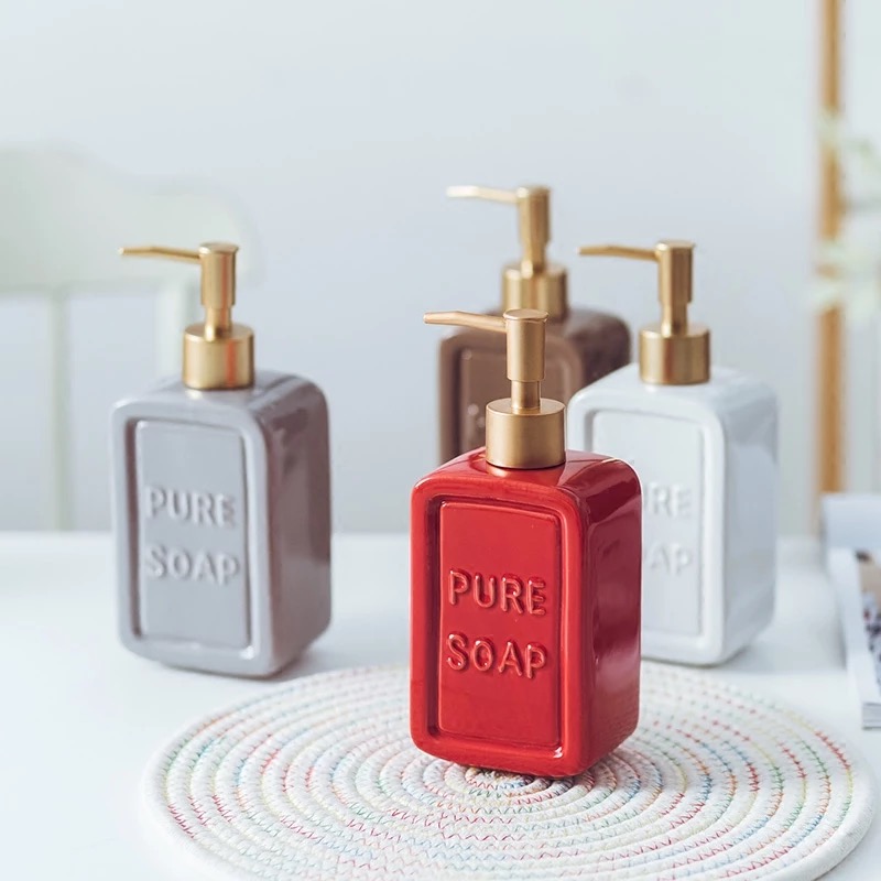 Bình đựng xà phòng, nước rửa tay bằng gốm sứ in chữ nổi Pure Soap